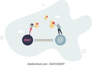 Chained communications with linked user notifications.Continuous flow with digital message and connection between chain parts . character life
