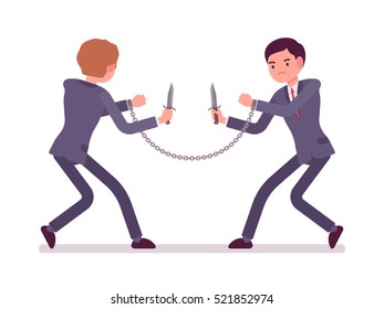 Chained with each other businessmen khife fighting. Cartoon vector flat-style concept illustration