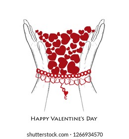Chained hands. Hand hearts. Holding hearts. Happy Valentine's day greeting card