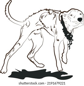 Chained and hungry dog for awareness. Line Illustration with white background