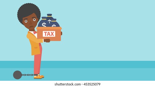 Chained to a large ball an african-american business woman carrying heavy box with bags full of taxes. Vector flat design illustration. Horizontal layout.