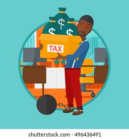 Chained to a large ball an african-american businessman standing in the office and carrying heavy box with bags full of taxes. Vector flat design illustration in the circle isolated on background.