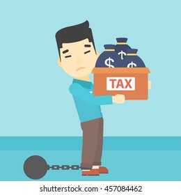 Chained to a large ball an asian businessman carrying heavy box with bags full of taxes. Vector flat design illustration. Square layout.