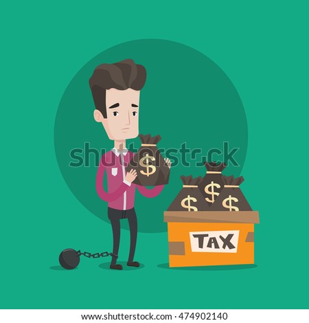 Chained to a large ball man standing near box with bags full of taxes. Businessman holding bag with dollar sign. Concept of tax time and taxpayer. Vector flat design illustration. Square layout.