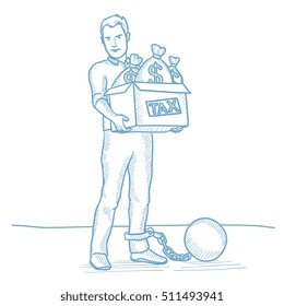 Chained to a large ball taxpayer carrying heavy box with bags full of taxes. Caucasian businessman taxpayer. Concept of tax time and taxpayer. Hand drawn vector sketch illustration on white background