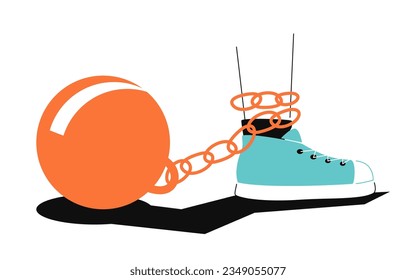 Chained leg - colorful flat design style illustration with linear elements. Orange and light blue picture with restrictions and punishment. Feelings of confusion, difficulties in life, stiffness idea