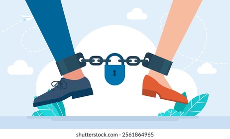 Chained in marriage husband and wife. Shackled couple in love suffers from lack personal freedom. Controlled family slave, tying up or restraining life partner, heavy unity load. Vector illustration