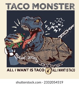 A chained monster, dinosaur Trex, trying to eat delicious Taco. 