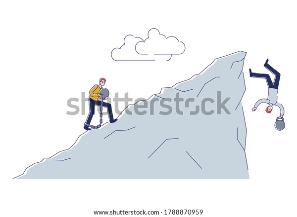 重荷を背負った鎖で崖から落ちる 財政債務 失敗 危機のコンセプト 重りを持つビジネスマンは山の上を登って落ちる 線形ベクターイラスト のベクター画像素材 ロイヤリティフリー