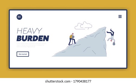 Chained people carry burden and fall down the cliff. Financial debt landing page template. Failure and crisis web page concept with business people holding weights. Linear vector illustration