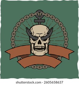 Chained Skull Horns Banner Minimalist Illustration Unique Gothic Art Trendy Design vector