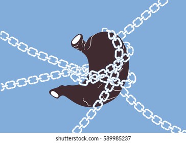Chained stomach on blue background. Represents abdominal pain, ulcer or stomach ache.