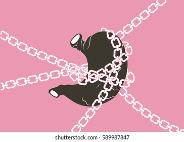 Chained stomach on pink background. Represents abdominal pain, ulcer or stomach ache.