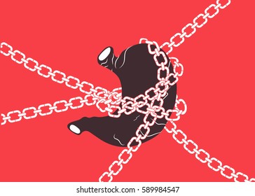 Chained stomach on red background. Represents abdominal pain, ulcer or stomach ache.