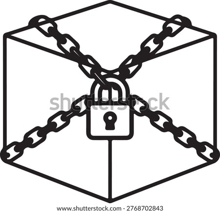 Chained Wooden Chest with Padlock Vector Illustration, Secure Storage and Privacy Protection Concept, Minimalist Line Art for Hidden Data or Treasure