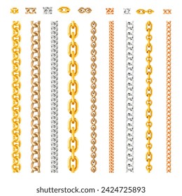 Chainlets with variety chain links for men and women. Gold and silver, stainless steel and copper necklaces. Jewels from precious metals. Advertising and fashion concept. Vector in flat style