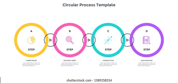 Chain-like chart with 4 circular elements or links connected byarrows. Concept of four steps of video production process. Minimal infographic design template. Modern flat vector illustration.