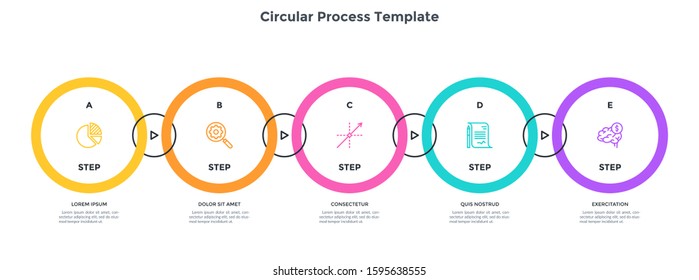 Chain-like chart with 5 circular elements or links connected byarrows. Concept of five steps of video production process. Minimal infographic design template. Modern flat vector illustration.