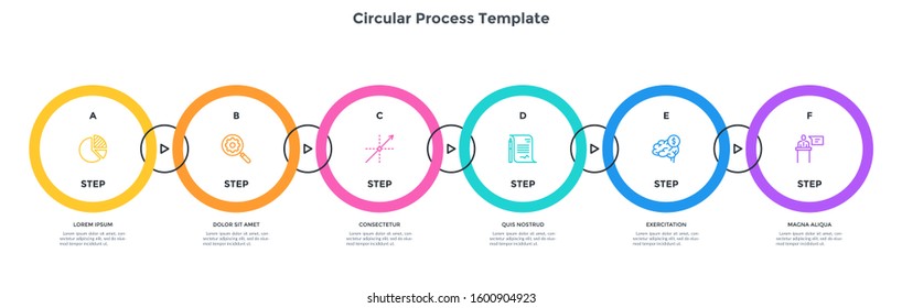 Chain-like chart with 6 circular elements or links connected byarrows. Concept of six steps of video production process. Minimal infographic design template. Modern flat vector illustration.