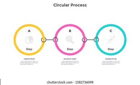 Chain-like diagram with 3 connected circular elements or links. Concept of three steps of project management strategy. Minimal infographic design template. Vector illustration for business analysis.