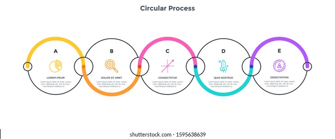 Chain-like diagram with 5 connected circular elements or links. Concept of five steps of project management strategy. Minimal infographic design template. Vector illustration for business analysis.