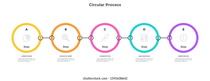 Chain-like diagram with 5 connected circular elements or links. Concept of five steps of project management strategy. Minimal infographic design template. Vector illustration for business analysis.
