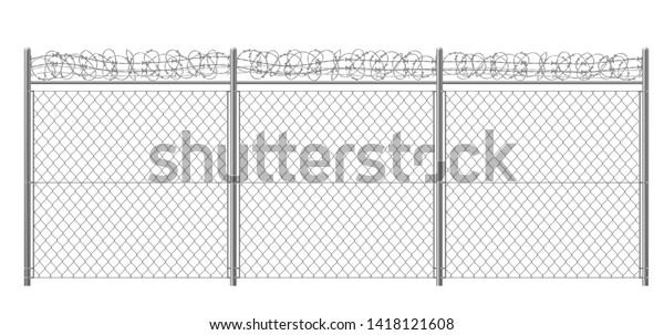 白い背景に金属の柱と鉄格子 またはかみそりのワイヤーの付いた鎖状のフェンスの断片 保護された領土 保護された領域 または刑務所のフェンシング のベクター画像素材 ロイヤリティフリー