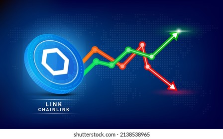 Moneda azul Chainlink (LINK). Símbolo de criptodivisa con gráfico de inversión en bolsa verde y rojo. Icono de moneda en fondo oscuro. Concepto de negocios de tendencias económicas. Vector 3D.