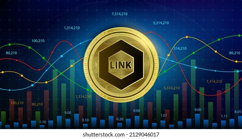 Chainlink (LINK) Münze Kryptowährung Blockchain Zukünftige digitale Währungsumtauschtechnologie Alternative Währung, Silver golden Stock Chart-Nummer nach unten ist Hintergrund 3D Vektorgrafik.