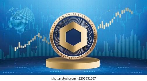 Chainlink LINK crypto currency coin logo and symbol over financial infographic background. Futuristic technology vector illustration banner and wallpaper 