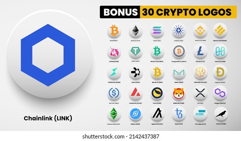 Chainlink LINK crypto logo symbols of cryptocurrency. Set of Bitcoin, Ethereum, Solana, Binance Coin, Binance USD, litecoin,avalanche, terra, maker, dogecoin, USD Coin, Shiba Inu, and Polygon