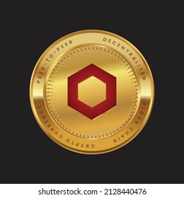Chainlink LINK criptodivisa token logo en moneda dorada en color rojo.