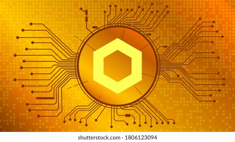 ChainLink LINK Cryptocurrency Token Symbol Of The DeFi Project In Circle With PCB Tracks On Gold Background. Currency Icon. Decentralized Finance Programs. Vector EPS10.