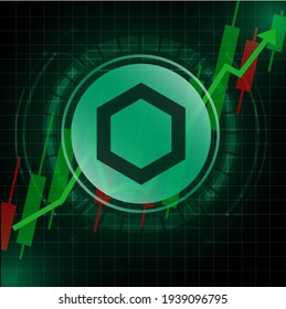 Chainlink (LINK) cryptocurrency value price going up concept design. Glowing Dash Coin on Green candle stick charts with black and green background.Vector Illustration.EPS10.