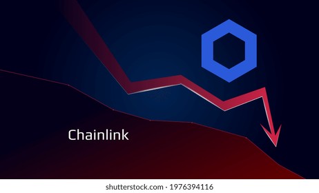 Chainlink LINK in downtrend and price falls down. Crypto coin symbol and red down arrow. Uniswap crushed and fell down. Cryptocurrency trading crisis and crash. Vector illustration.