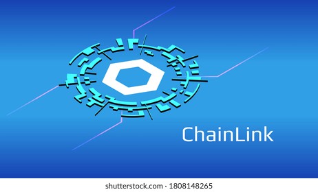ChainLink LINK Isometric Token Symbol Of The DeFi Project In Digital Circle On Blue Background. Cryptocurrency Icon. Decentralized Finance Programs. Vector EPS10.