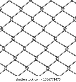 Chain-link, Rabitz Fence Fragment Or Pattern 3d Realistic Vector Isolated On White Background. Modern Construction And Territory Fencing Woven Or Wicker Material From Steel, Metal Wire Illustration