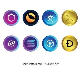 chain-link, terra, Cardano, xrp, stellar, Solana, gala, dogecoin icon set cryptocurrency, altcoins