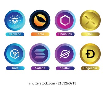 chain-link, terra, Cardano, xrp, stellar, Solana, gala, dogecoin logo, icon set cryptocurrency, altcoins