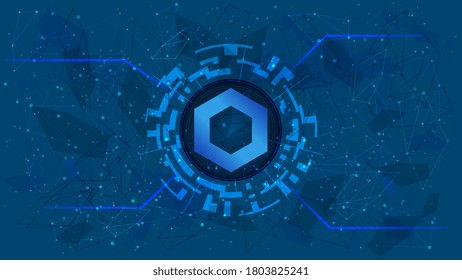 ChainLink Token Symbol Of The DeFi Project In A Digital Circle With A Cryptocurrency Theme On A Blue Background. Link Cryptocurrency Icon. Decentralized Finance Programs. Copy Space. Vector EPS10.