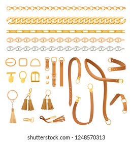 Chains and Belts Fashion Elements Set. Fashionable Collection with Braid, Golden Chain and Strap for Fabric, Textile and Pattern. Vector illustration