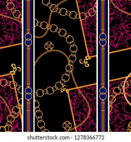Chains and belts patch on spotted animal background. Vector baroque seamless pattern for fabric, scarf.