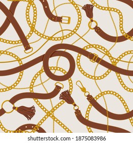 Chains and belts pattern. Leather belts, tassels, gold ring chains and straps backdrop. Belts and golden chains vector background illustration. Chain pattern, tassel and belt, leather and golden