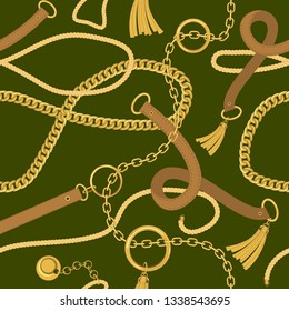 Chains and belts seamless pattern with green background. Baroque style vector print