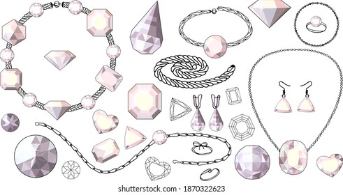 Chains, bracelets, rings with diamonds isolated on white background. 