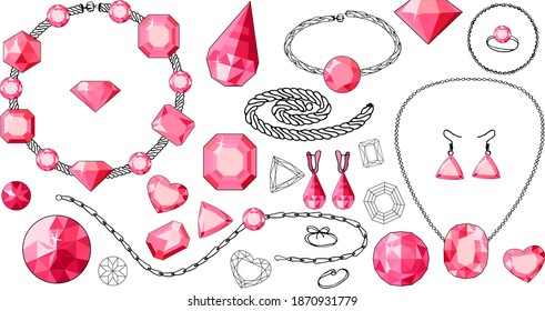 Chains, bracelets, rings with rubies  isolated on white background. 