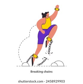 Chains Breakthrough concept A figure triumphantly breaks free from shackles, depicting the power of overcoming obstacles Celebrates liberation and the strength of the human spirit Vector illustration