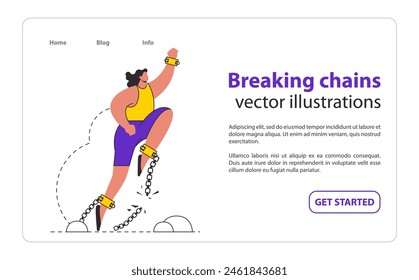 Chains Breakthrough concept A figure triumphantly breaks free from shackles, depicting the power of overcoming obstacles Celebrates liberation and the strength of the human spirit Vector illustration