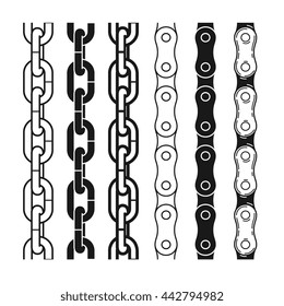 Chains brushes set: roller, rope, broad chains, isolated vector graphic illustrations shapes. black color outline silhouette shapes.