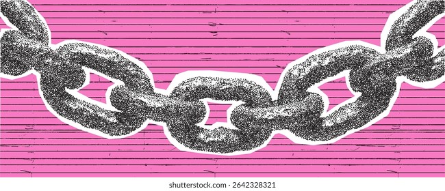 Chains are depicted prominently with a striking pink backdrop, representing themes of connection, restriction, and strength. This artwork combines bold colors and textures to evoke thought.